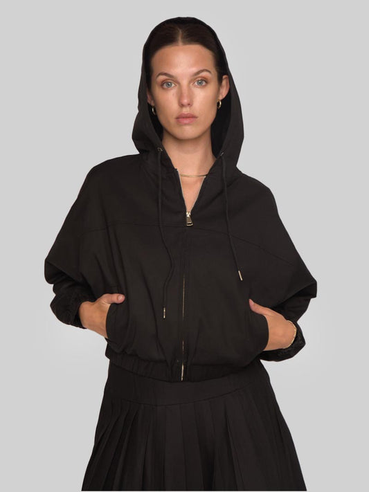 Women’s Modest Dolman Sleeve Hoodie Jacket with Welt Pockets – Black