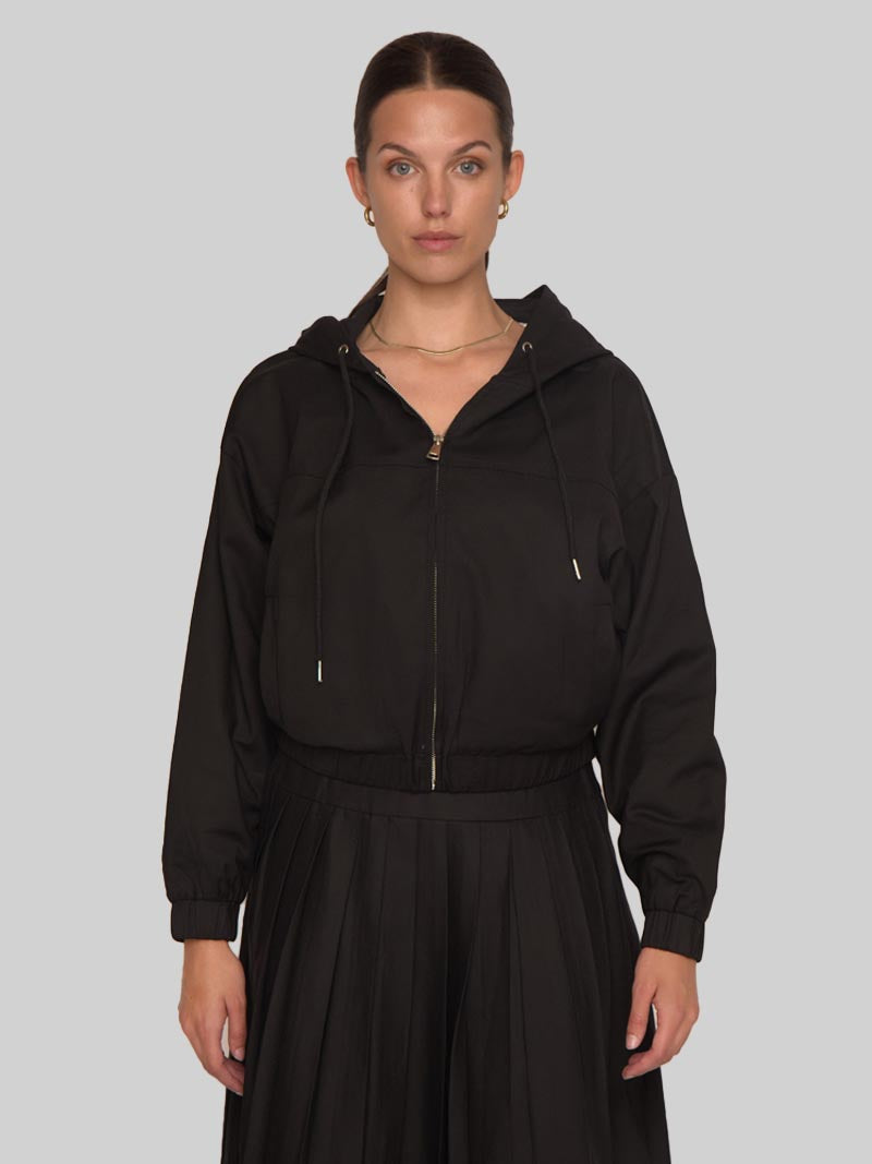 Women’s Modest Dolman Sleeve Hoodie Jacket with Welt Pockets – Black