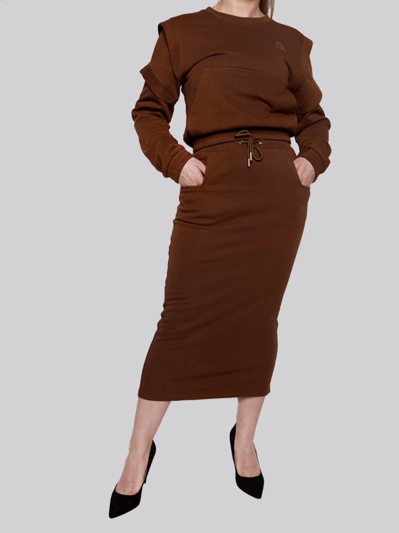 FSKT-010:  SQUARE POCKET MAXI PENCIL SKIRT (BROWN)